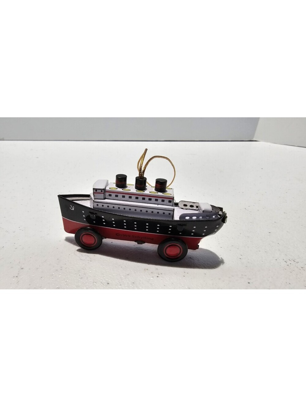 Vintage 1999 Schylling Tin Toy Ocean Liner Ship Christmas Ornament Wheels